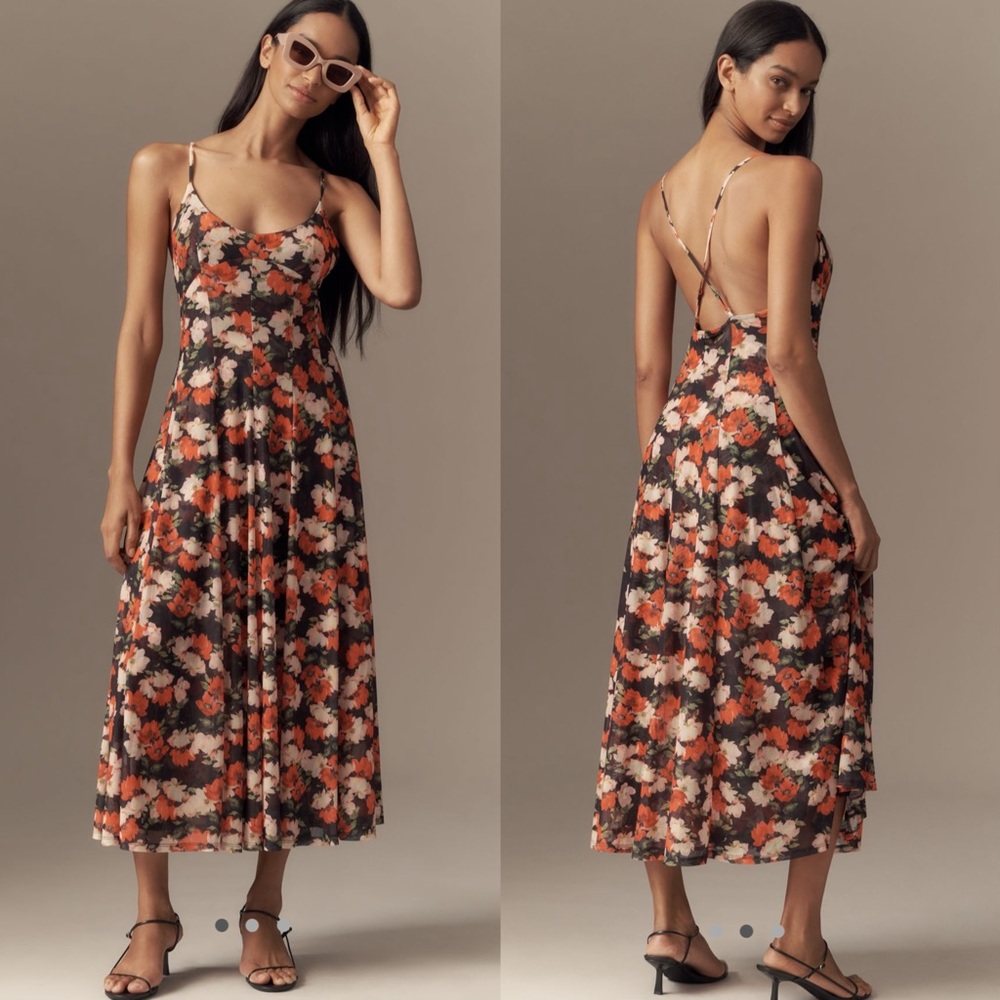By Anthropologie scoop neck mesh a line midi dress